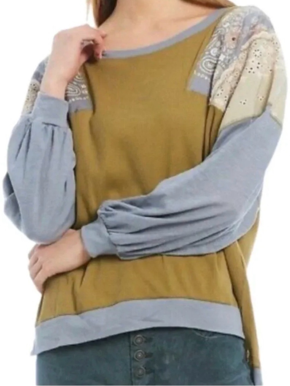 We The Free Mustard and Light Blue Mixed-Media Pullover